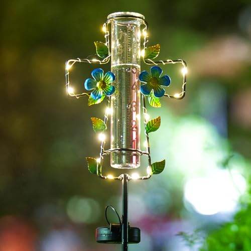 Solar Rain Gauge Outdoor with Lights,7” Glass Tube Cross Rain Gauge - color: Blue Cross