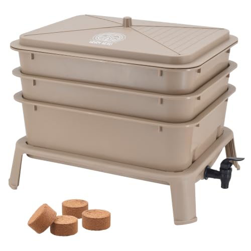 Worm Nerd WN53 4-Tray Worm Composting Bin Kit with Coco Coir for Recycling Food Waste, Worm Castings, Worm Tea, Vermiculture and Vermicomposting, Tan - style: Jaylen Bin - Tan