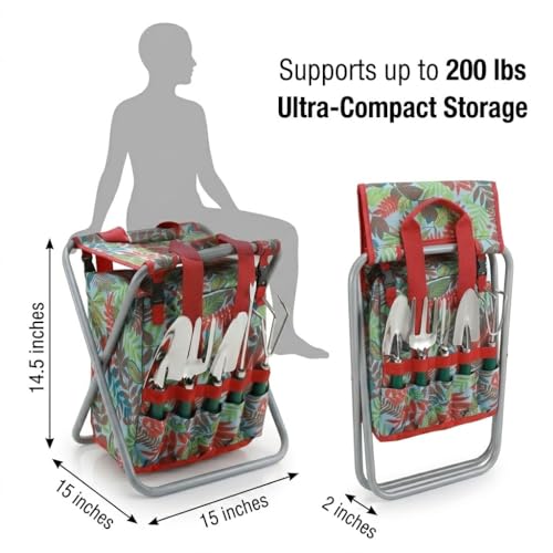 7-piece Garden Tool Set with Tote and Folding Stool Seat