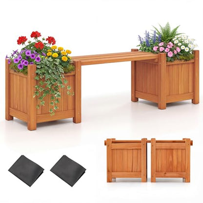 HAPPYGRILL Outdoor Bench with 2 Raised Garden Beds - size: 42" x 11" x 11.5"