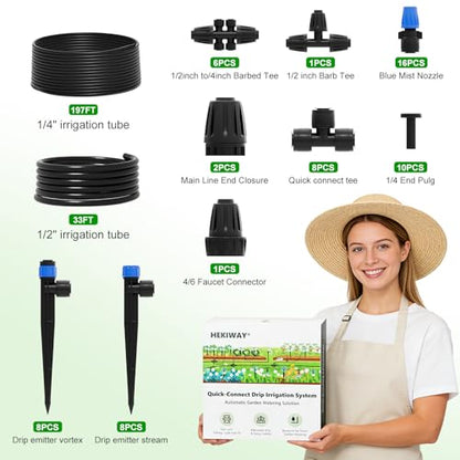 2026 Upgrade 230FT Quick-Connect Drip Irrigation System Kit with 1/4” & 1/2” Fast-Lock Tubing, Adjustable Emitters & Sprinklers for Garden & Greenhouse - size: 230 FT