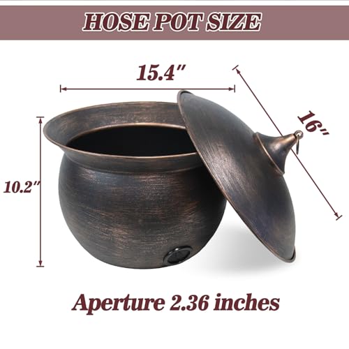 Metal Garden Hose Storage Pot,Vintage Copper Finish Hose Holder with Lid