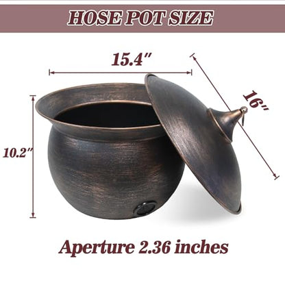 Metal Garden Hose Storage Pot,Vintage Copper Finish Hose Holder with Lid