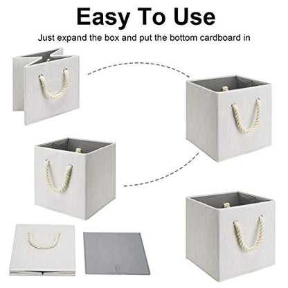 Foldable Storage Cube Bins Beige-White Bamboo Fabric Collapsible Resistant Basket Box Organizer with Cotton Rope Handle for Home Office and Nursery 10.5x10.5x11 inch