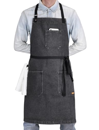 Black Denim Apron with Pockets & Towel Loop for Men Women - color: Black Denim -2