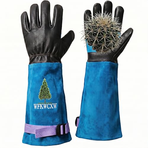 Cow Leather Adjustable Thorn Proof Gardening Gloves - color: Blue-cypress, size: Small