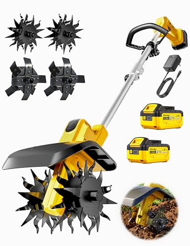 Cordless Tiller Cultivator/ Trencher 2-IN-1, Electric Mini Tiller Lawn Edger w/ 2*4.0Ah Battery, 9” Width, 6” Depth, 48 Steel Tines Rototiller for Garden, Soil, Weeding, Compatible with Dewalt Battery