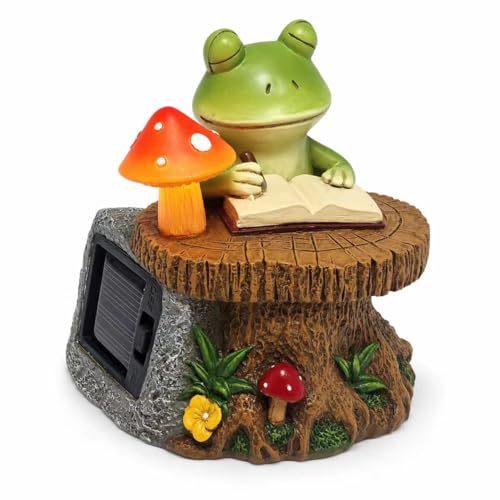 Solar Frog Garden Statue with Warm Lighted Mushroom, 4.33 Inch Resin Frog Figurine Reading & Writing on Tree Stump, Solar Garden Decor Outdoor for Yard Patio Lawn Porch - color: Writing Frog