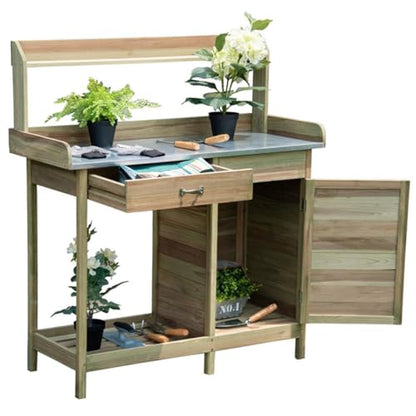 44-Inch Wooden Potting Bench with Galvanized Metal Tabletop, Garden Workbench with Storage Cabinet, Drawer, Hooks, Waterproof Surface for Greenhouse, Patio