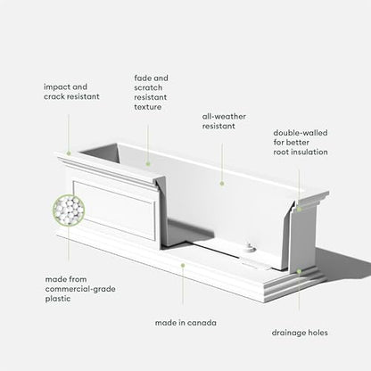 Veradek Brixton Series Window Box Planter - Rectangular Outdoor Planter - color: White, size: 11"H x 11"W x 36"L - 2 Pack