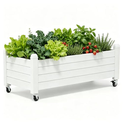 Raised Garden Bed with Wheels 74" Outdoor Planter Box Drainage,White - color: White, size: 13.3"h