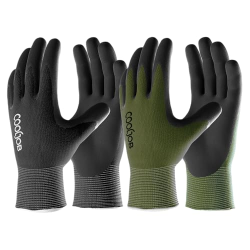 COOLJOB 2 Pairs Gardening Gloves for Men, Breathable Rubber Coated, Large - color: Black & Green (Latex), size: Large (Pack of 2)
