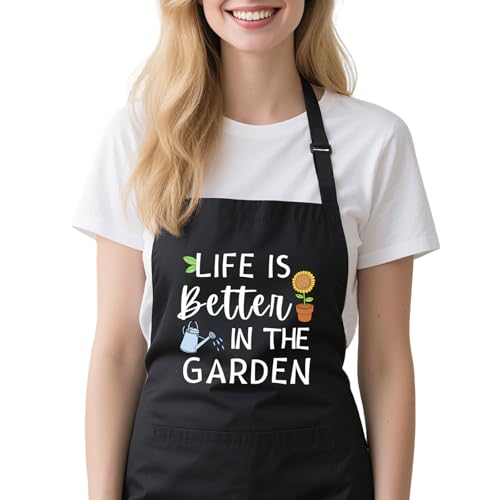 Gardening Apron for Women with Pockets, Adjustable Funny Garden Apron Gifts for Gardener Mom Wife Plant Lover - color: Black-life is Better in the Garden