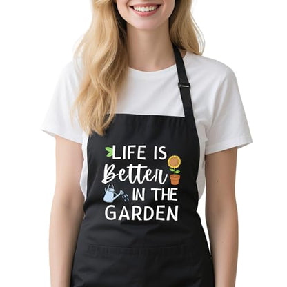 Gardening Apron for Women with Pockets, Adjustable Funny Garden Apron Gifts for Gardener Mom Wife Plant Lover - color: Black-life is Better in the Garden