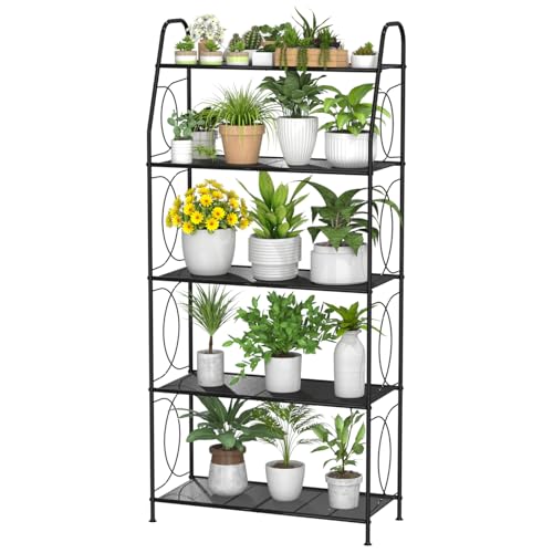 VyGrow 5 Tier Plant Stand Indoor Outdoor, Heavy Duty Plant Shelf, Metal Mesh Tall Plant Stands Holder Rack for Living Room Balcony and Garden, Black - color: Black, size: 5 Tier