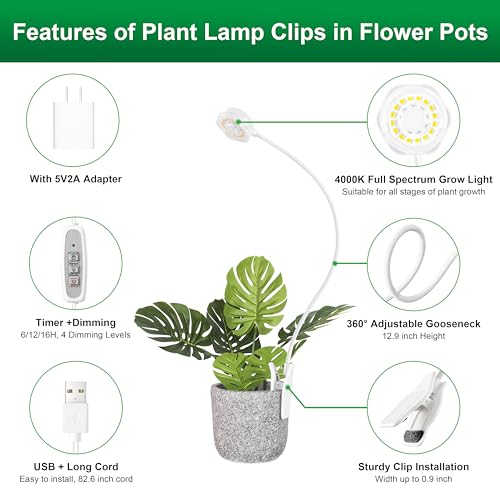 Hywyimlait Indoor Pot Clip Plant Grow Light, Full Spectrum LED Growing Lamp, 4 Grade Dimmable, Timing Function 6/12/16H, Easy Installation for Small Plants, Succulents, White, 3 Pack - size: 3 Pack