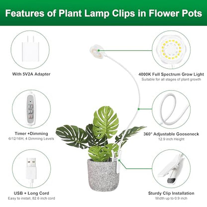 Hywyimlait Indoor Pot Clip Plant Grow Light, Full Spectrum LED Growing Lamp, 4 Grade Dimmable, Timing Function 6/12/16H, Easy Installation for Small Plants, Succulents, White, 3 Pack - size: 3 Pack