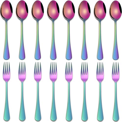 Stainless Steel Spoon and Forks Silverware Set of 16, 6.7 Inch Colorful Rainbow Metal Small Fork and Spoon Set, Salad Forks and Teaspoons Set - color: Rainbow