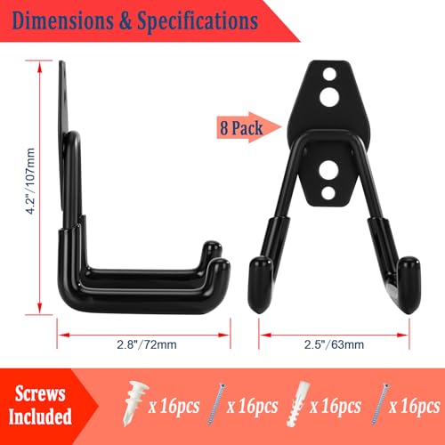 8 Pack Garage Hooks Heavy Duty, Garage Tool Organizer Wall Mount - color: 8 Pack/Black