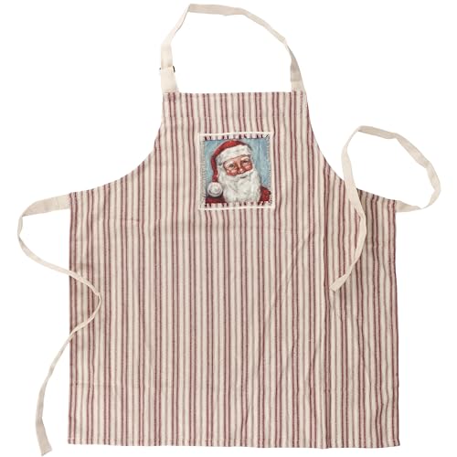Primitives by Kathy Merry Santa Apron, Santa face stitched art panel and Red Christmas inspired stripe pattern - Full Coverage with Adjustable Neck & Waist - Nostalgic Holiday Kitchen Accessory - color: Merry Santa