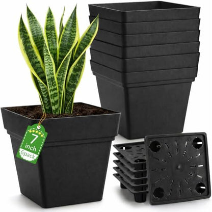 6-Pack 7 Inch Square Planters with Built-in Drainage Tray & Bottom Plug - color: Black