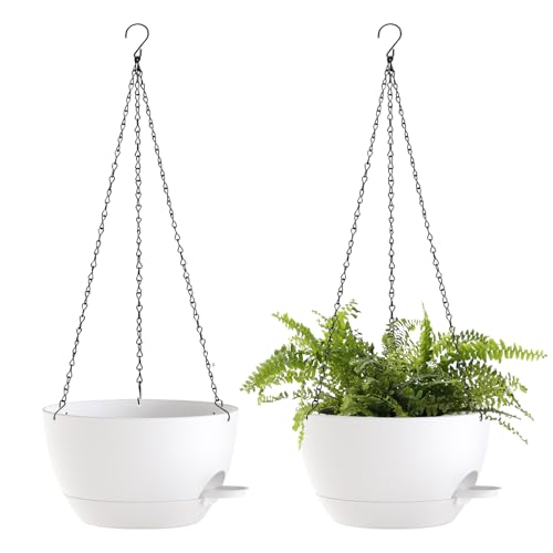 10 Inch Hanging Baskets 2 PC with Chains, Self-Watering Hanging Planters for Indoor Outdoor Plants, Plastic Hanging Flower Pots,White - color: White, size: 10 inch