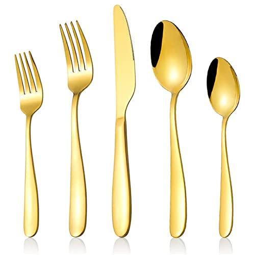 60-Piece Gold Silverware Set, CXJY Stainless Steel Flatware Set for 12, Kitchen Utensils cutlery with Titanium Golden Plated Include Spoons Forks Knives, Mirror Polished Dishwasher Safe - color: Gold
