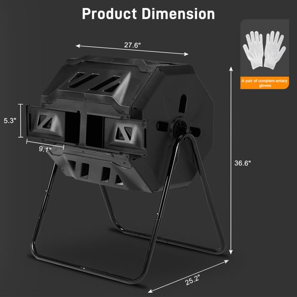 42-Gal Dual Chamber Compost Tumbler Outdoor, 360° Rotating Compost Bin with Steel Frame, Aeration System & 2 Sliding Doors for Kitchen, Garden, Yard - Black