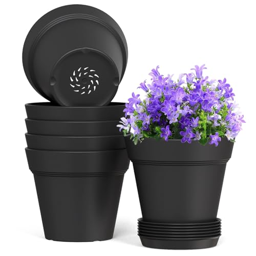 WSMKSZ 7 Inch Thick Plastic Plant Pots with Drainage Holes and Trays – 6 Pack Nursery Pots for Indoor & Outdoor House Plants, Seedling Starter Planters for Garden Flowers, Matte Black - color: Black, size: 7in 6pcs