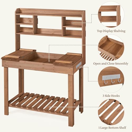 Topeakmart Wooden Garden Workbench with Display Rack and Open Storage,Brown
