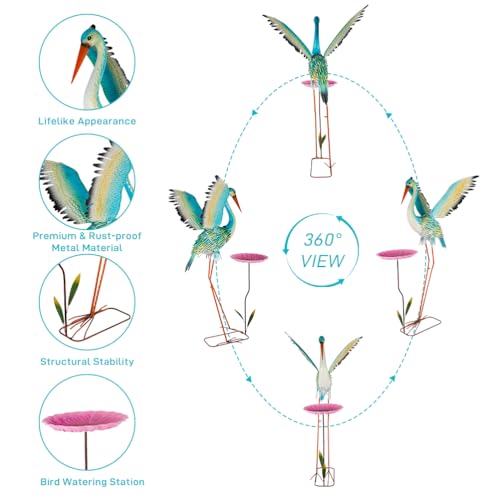 39" Large Heron Garden Statue,Crane Outdoor Statues with Leaf Tray - color: 39 Inch Green+pink With Leaf Tray