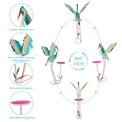 39" Large Heron Garden Statue,Crane Outdoor Statues with Leaf Tray - color: 39 Inch Green+pink With Leaf Tray
