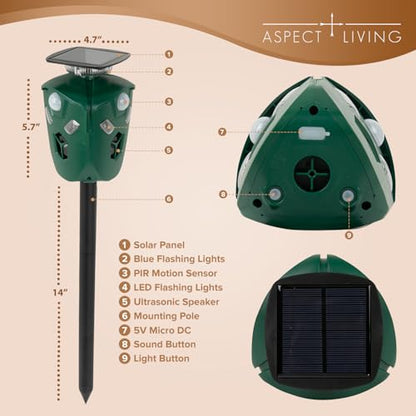 360° Ultrasonic Animal Repeller, Solar & USB, 3 PIR Sensors