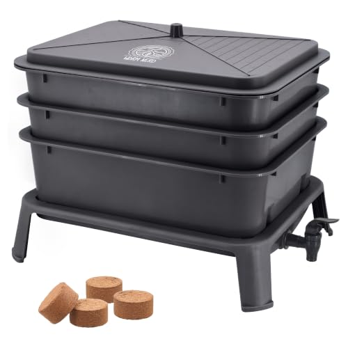 Worm Nerd WN40 4-Tray Worm Composting Bin Kit with Coco Coir for Recycling Food Waste, Worm Castings, Worm Tea, Vermiculture and Vermicomposting - style: Jaylen Bin - Black