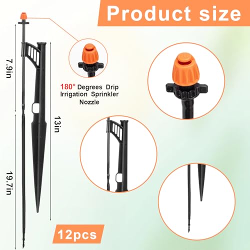 12-Set 180° Drip Irrigation Micro Sprinkler Head with 13" Stake - size: 12 Sets 180° Sprinkler Heads