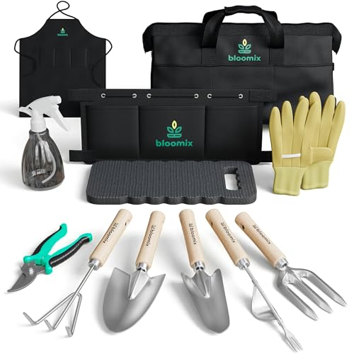 Bloomix 12 Pcs Gardening Tools Set - Heavy Duty Garden Tools Set with Tool Bag, Kneeling Pad, Apron & More Garden Accessories - Stainless Steel Plant Care Kit Supplies, Gardening Gifts for Women Men - color: Black, Wood