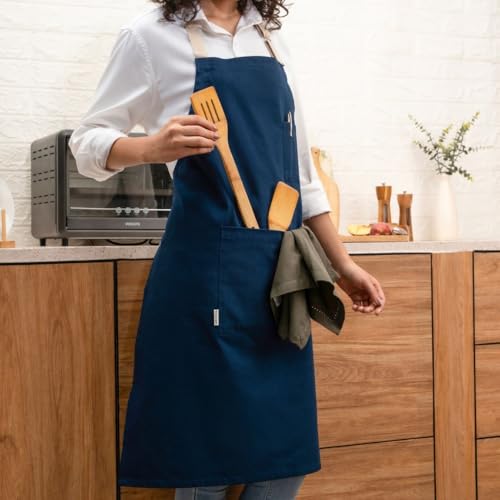 Cotton Canvas Apron for Women & Men – Adjustable Neck Strap & Waist Ties with Pockets - color: Blue