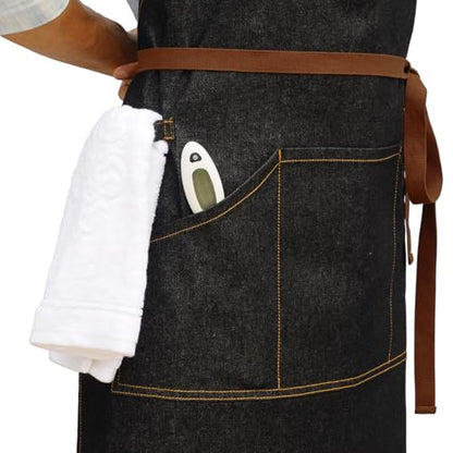 Black Kitchen Apron with Pockets & Towel Loop for Men Women, Denim - color: Black Denim 9#
