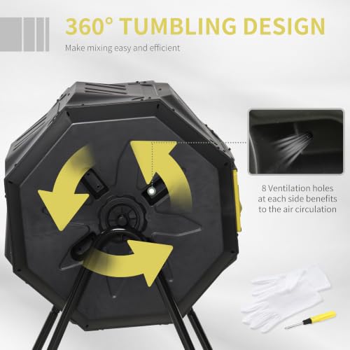 Outsunny Tumbling Compost Bin 360° Dual Chamber 43 Gallon, Yellow - color: Yellow