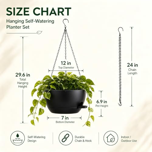 12 Inch Self Watering Hanging Planters, Black, 2 Pack - color: Black