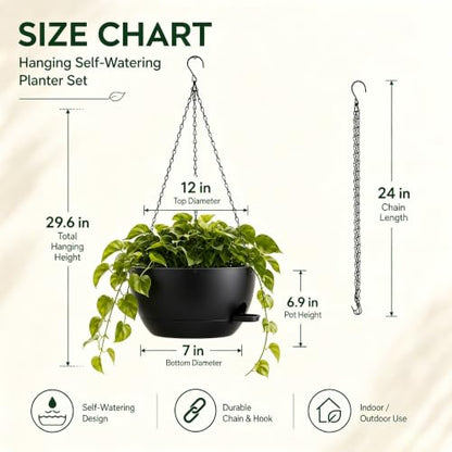 12 Inch Self Watering Hanging Planters, Black, 2 Pack - color: Black