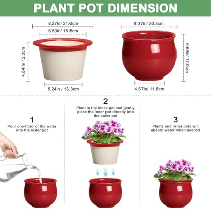 8 Inch Ceramic Self Watering Pots with Absorbent Inner Pot, Red - color: Red, size: 8 Inch