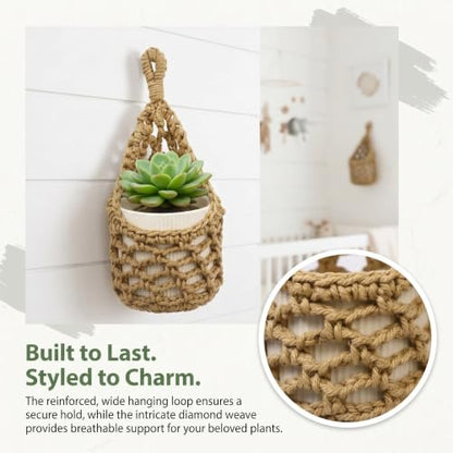 2 Pack Macrame Wall Hanging Plant Holder, Woven Basket Wall Planter for Indoor Greenery, Suitable for 4 Inch Small Plant Pots