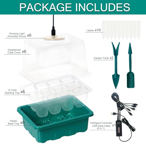 6-Set Seed Starter Tray with Grow Light, Seed Starting Trays Kits with Timing Controller Adjustable Humidity Domes Heightened Lids(12-Cells Per Tray) - color: Green 6-set