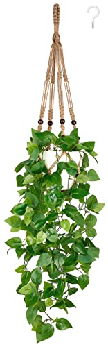 Mkono Fake Hanging Plant, Macrame Hanger with Pothos Vines & Pot, Brown - color: Brown