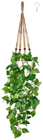 Mkono Fake Hanging Plant, Macrame Hanger with Pothos Vines & Pot, Brown - color: Brown