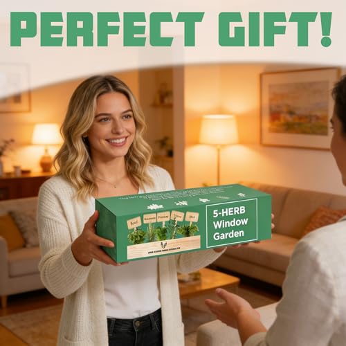 Indoor Herb Garden Starter Kit, 5 Seeds Growing into Basil, Parsley, Rosemary, Thyme, Mint, Including A Planter Box, Soil Discs & Planters with A Gift Box for Women
