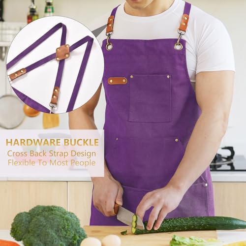 Aoomzoon Canvas Aprons for Men Women, Heavy Duty BBQ Apron with Pockets - color: Purple