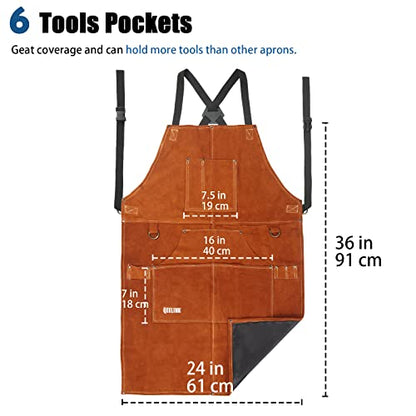QeeLink Leather Welding Apron 6 Pockets Heat Flame Resistant for Blacksmith - color: Brown, size: 24"x 36"