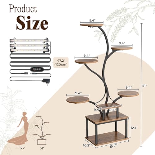 PRAISUN 51 Inch Plant Stand with Grow Lights, 8 Tiered Indoor Plant Shelf - color: Rustic Brown